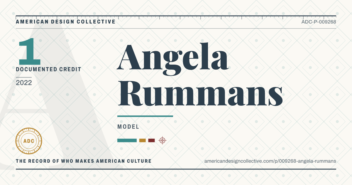 Registry card for Angela Rummans: the ADC seal, Angela Rummans, and how much is on record.