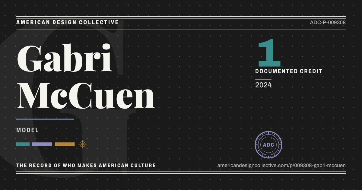 Registry card for Gabri McCuen: the ADC seal, Gabri McCuen, and how much is on record.