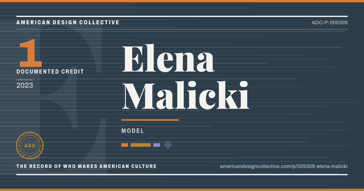 Registry card for Elena Malicki: the ADC seal, Elena Malicki, and how much is on record.