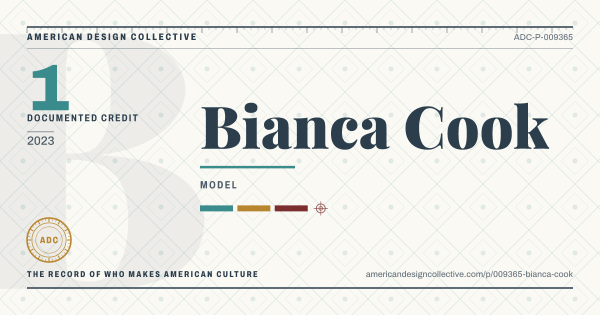 Registry card for Bianca Cook: the ADC seal, Bianca Cook, and how much is on record.
