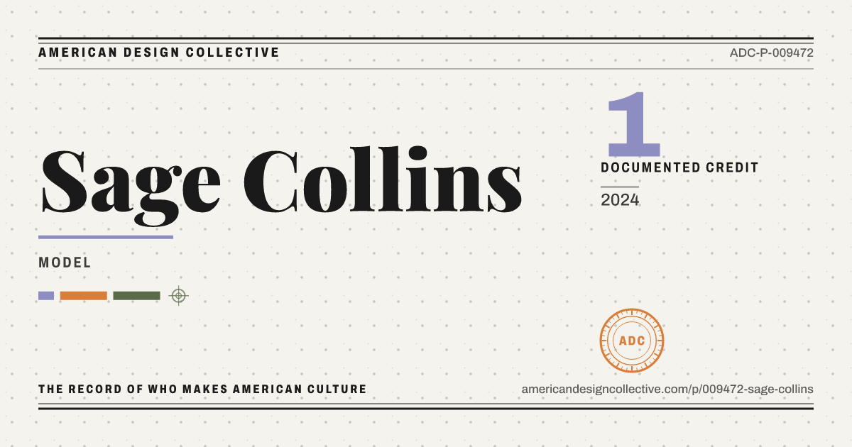Registry card for Sage Collins: the ADC seal, Sage Collins, and how much is on record.