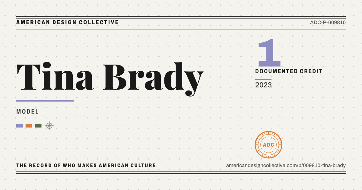 Registry card for Tina Brady: the ADC seal, Tina Brady, and how much is on record.