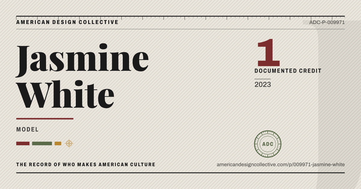 Registry card for Jasmine White: the ADC seal, Jasmine White, and how much is on record.