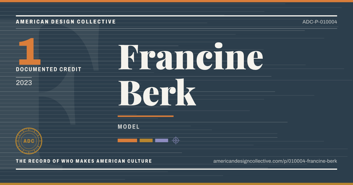 Registry card for Francine Berk: the ADC seal, Francine Berk, and how much is on record.