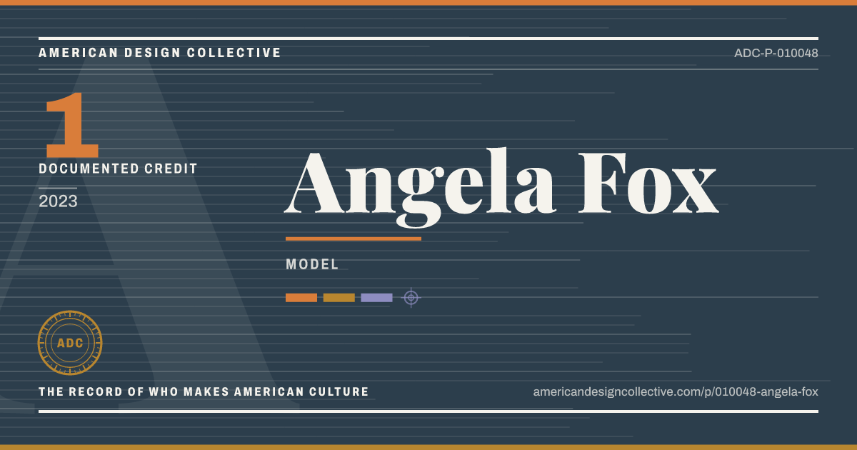 Registry card for Angela Fox: the ADC seal, Angela Fox, and how much is on record.