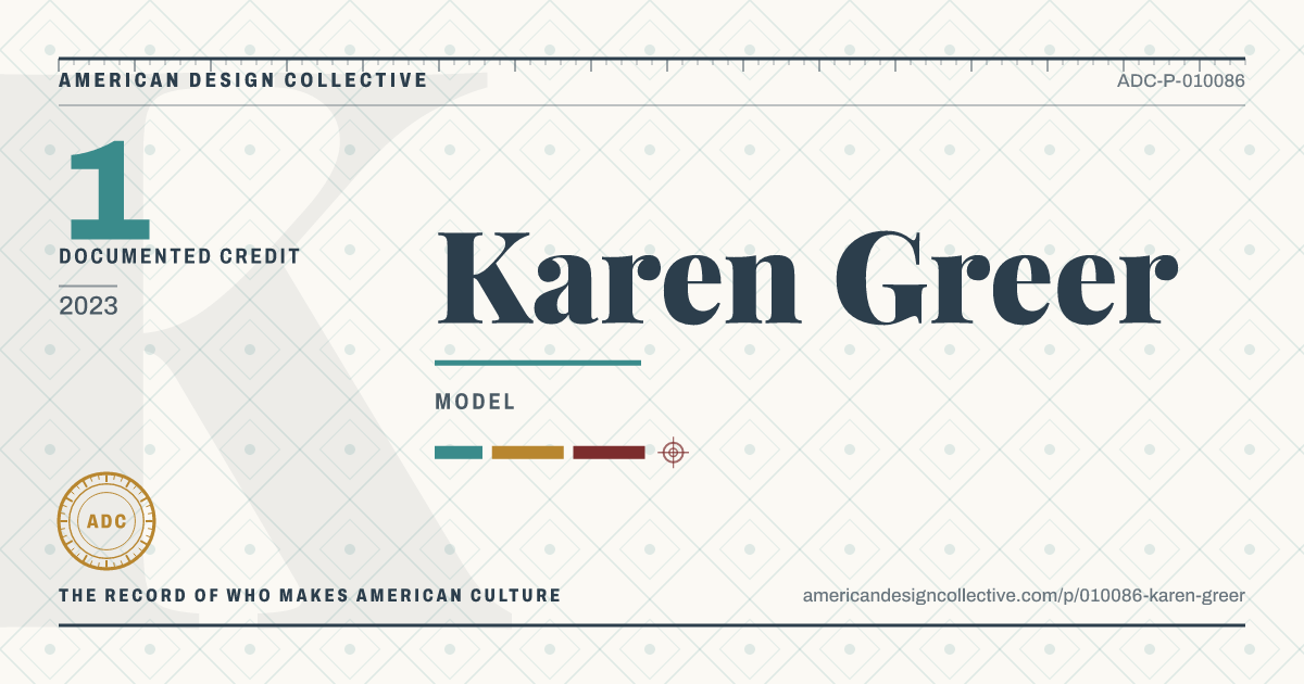 Registry card for Karen Greer: the ADC seal, Karen Greer, and how much is on record.
