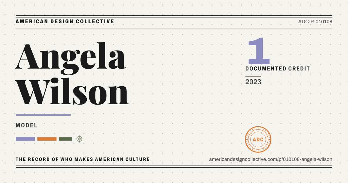 Registry card for Angela Wilson: the ADC seal, Angela Wilson, and how much is on record.