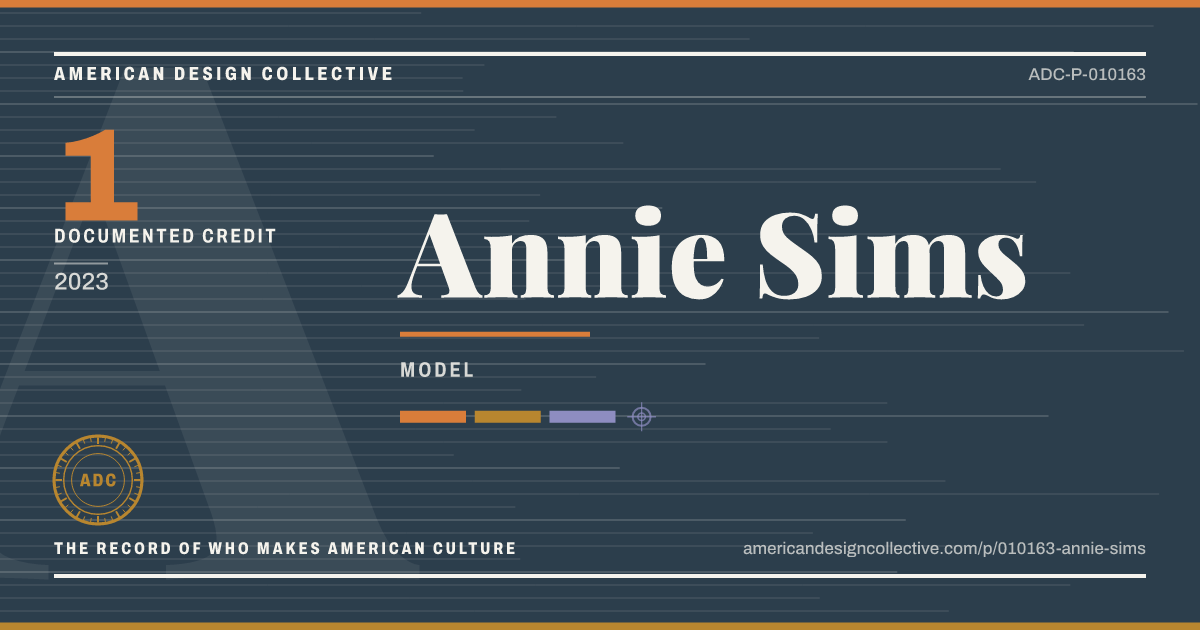 Registry card for Annie Sims: the ADC seal, Annie Sims, and how much is on record.
