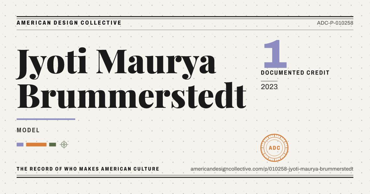 Registry card for Jyoti Maurya Brummerstedt: the ADC seal, Jyoti Maurya Brummerstedt, and how much is on record.