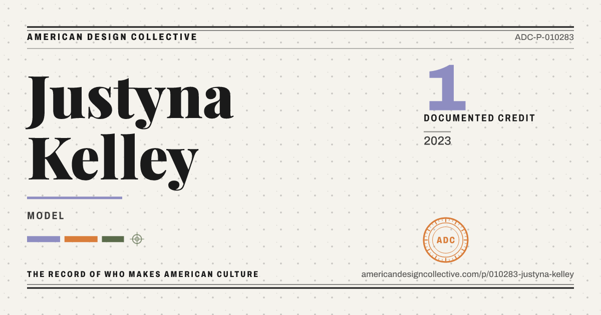 Registry card for Justyna Kelley: the ADC seal, Justyna Kelley, and how much is on record.
