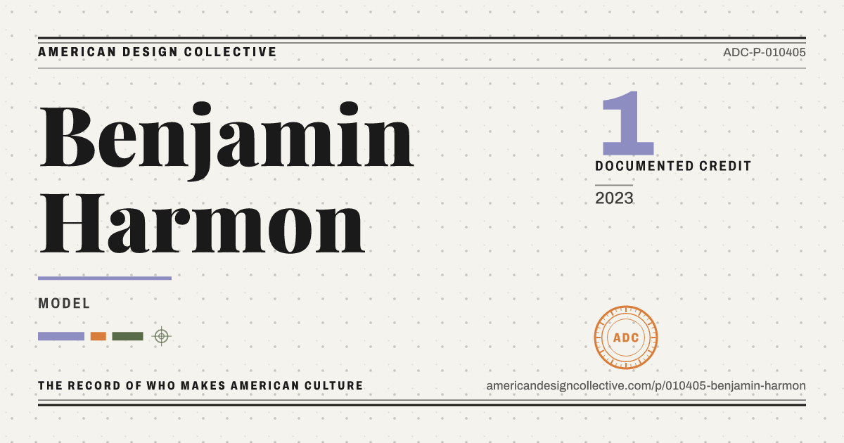 Registry card for Benjamin Harmon: the ADC seal, Benjamin Harmon, and how much is on record.