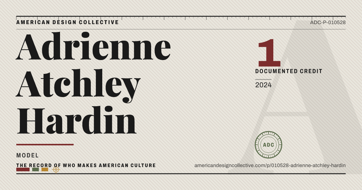 Registry card for Adrienne Atchley Hardin: the ADC seal, Adrienne Atchley Hardin, and how much is on record.