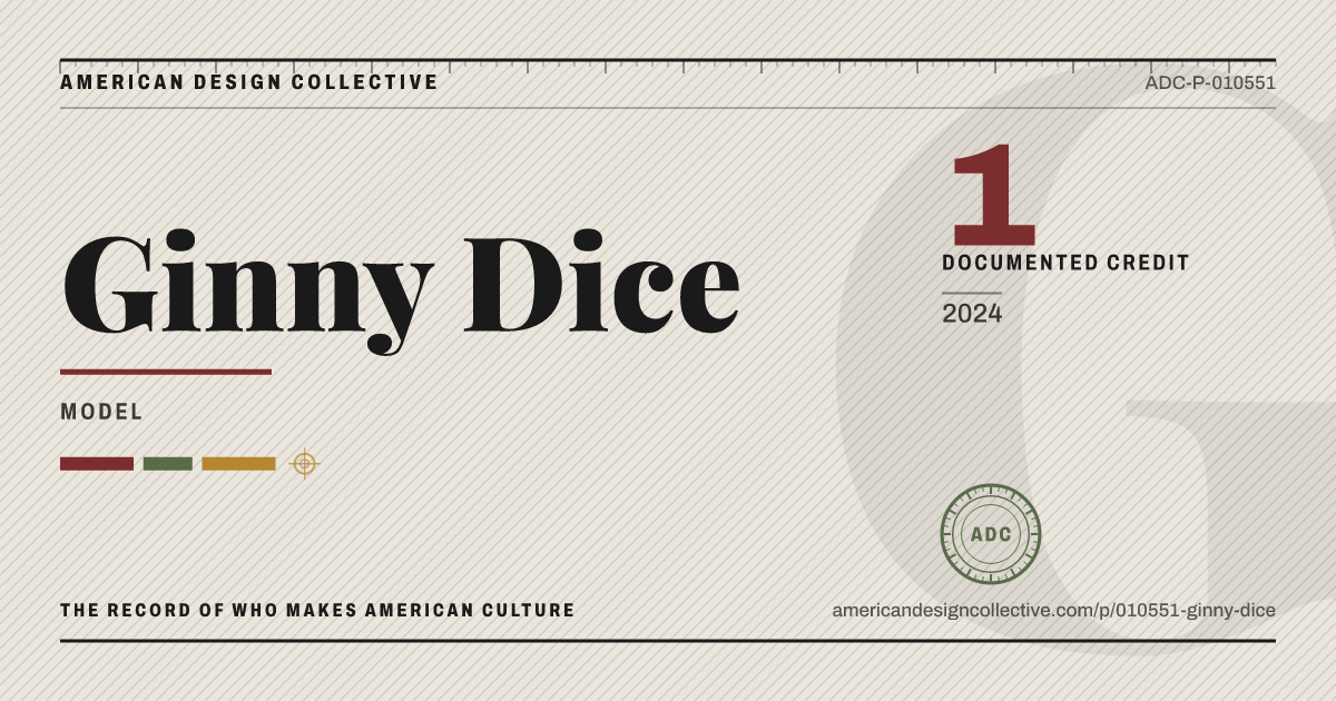 Registry card for Ginny Dice: the ADC seal, Ginny Dice, and how much is on record.