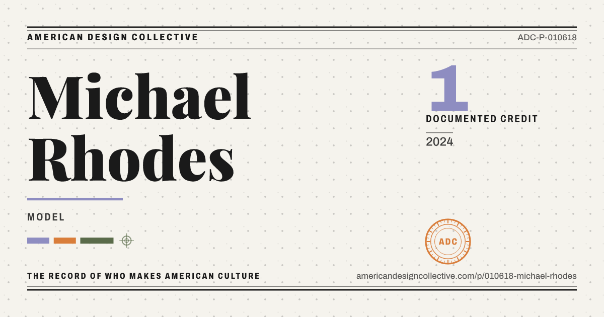 Registry card for Michael Rhodes: the ADC seal, Michael Rhodes, and how much is on record.