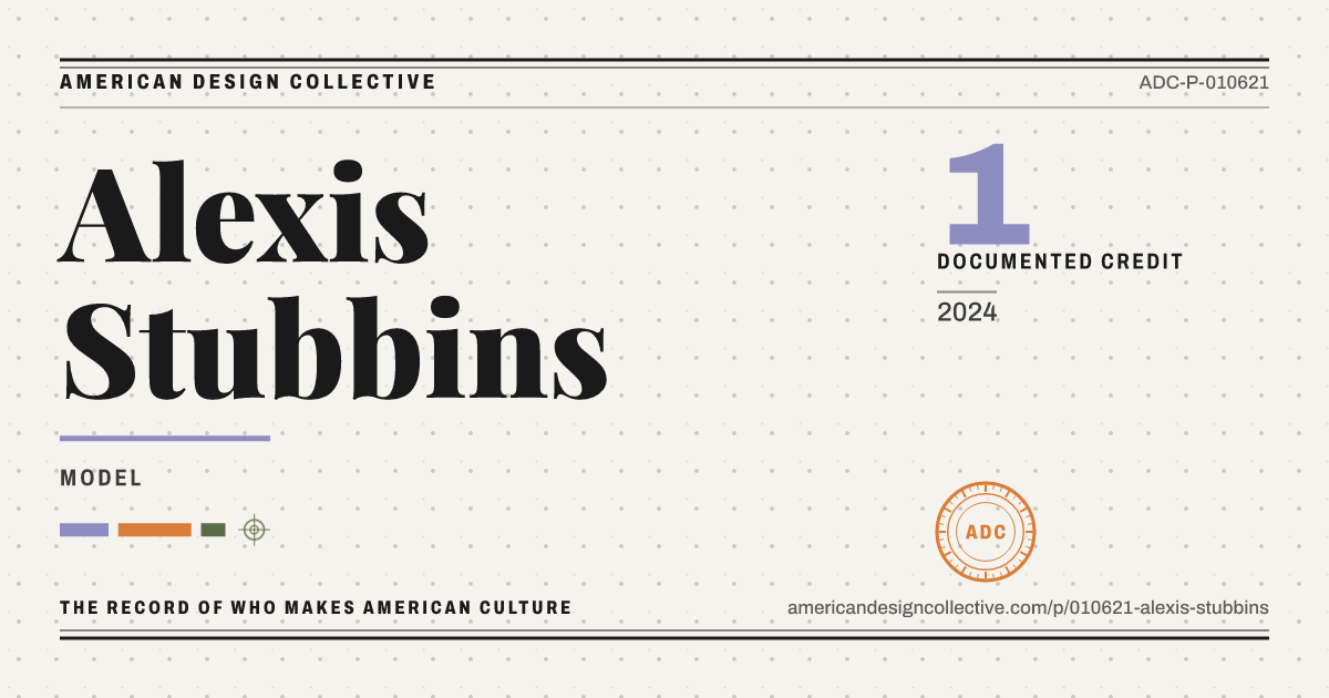 Registry card for Alexis Stubbins: the ADC seal, Alexis Stubbins, and how much is on record.