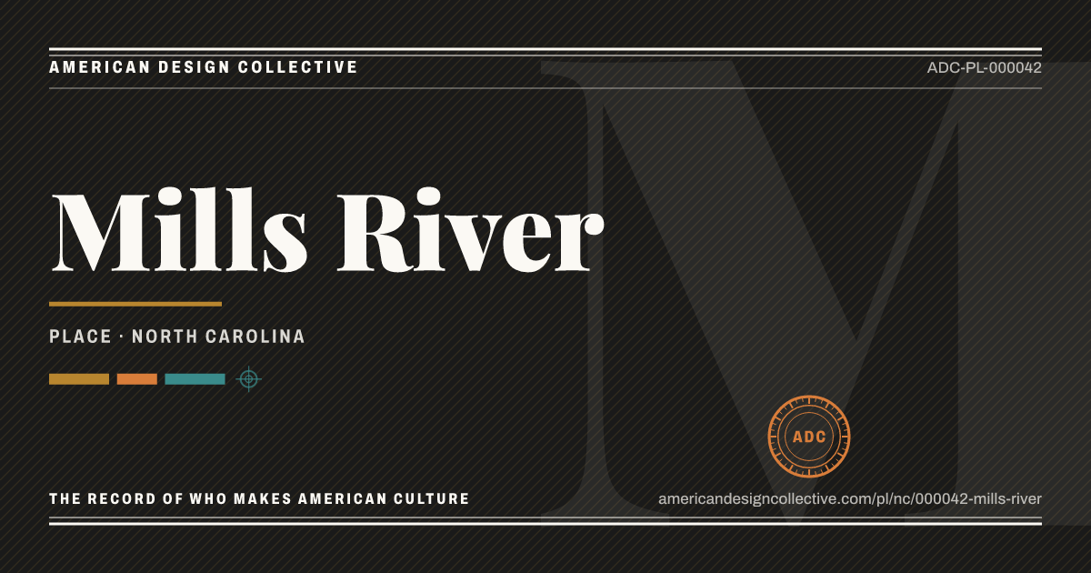 Registry card for Mills River: the ADC seal, Mills River, and how much is on record.