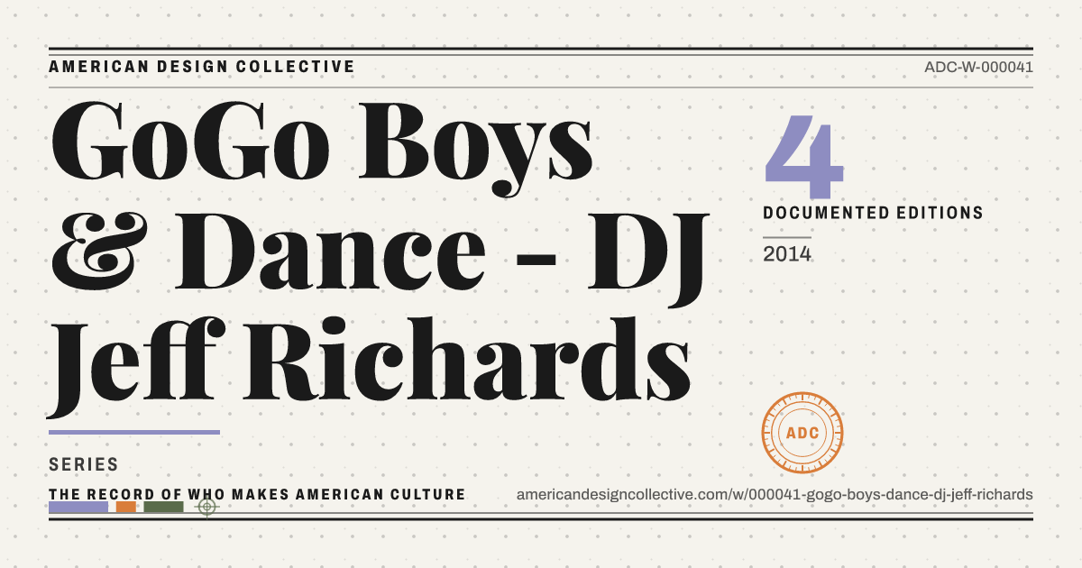 Registry card for GoGo Boys & Dance - DJ Jeff Richards: the ADC seal, GoGo Boys & Dance - DJ Jeff Richards, and how much is on record.