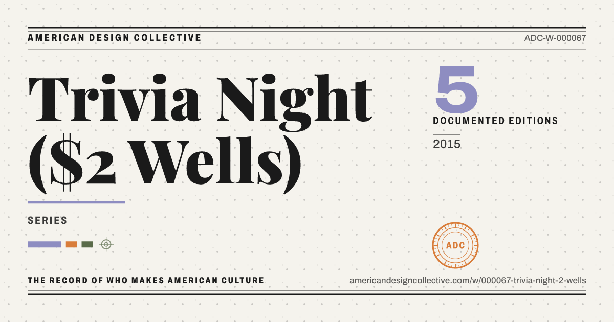 Registry card for Trivia Night ($2 Wells): the ADC seal, Trivia Night ($2 Wells), and how much is on record.