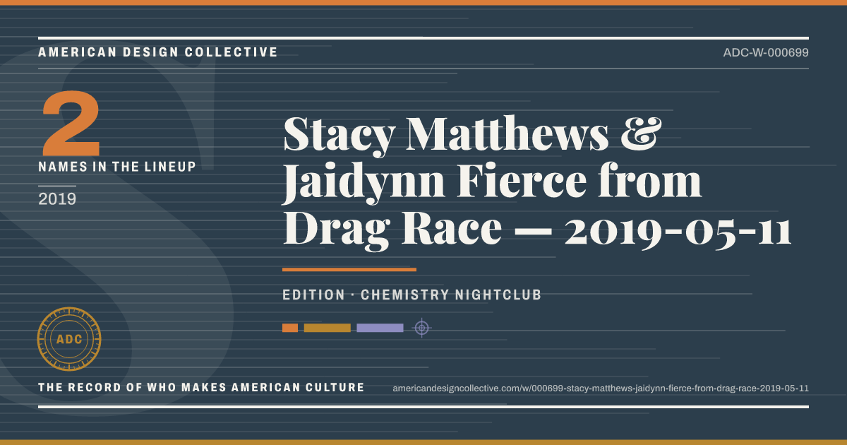Registry card for Stacy Matthews & Jaidynn Fierce from Drag Race — 2019-05-11: the ADC seal, Stacy Matthews & Jaidynn Fierce from Drag Race — 2019-05-11, and how much is on record.