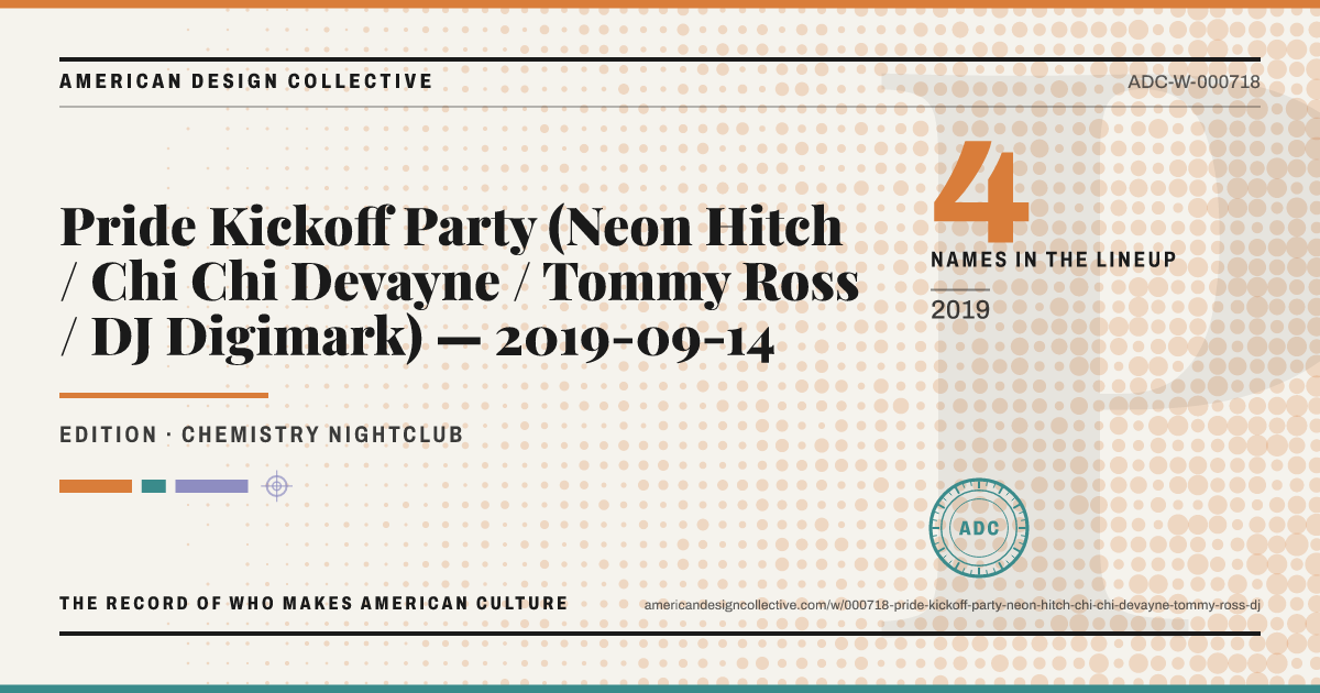Registry card for Pride Kickoff Party (Neon Hitch / Chi Chi Devayne / Tommy Ross / DJ Digimark) — 2019-09-14: the ADC seal, Pride Kickoff Party (Neon Hitch / Chi Chi Devayne / Tommy Ross / DJ Digimark) — 2019-09-14, and how much is on record.
