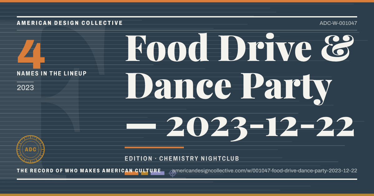Registry card for Food Drive & Dance Party — 2023-12-22: the ADC seal, Food Drive & Dance Party — 2023-12-22, and how much is on record.