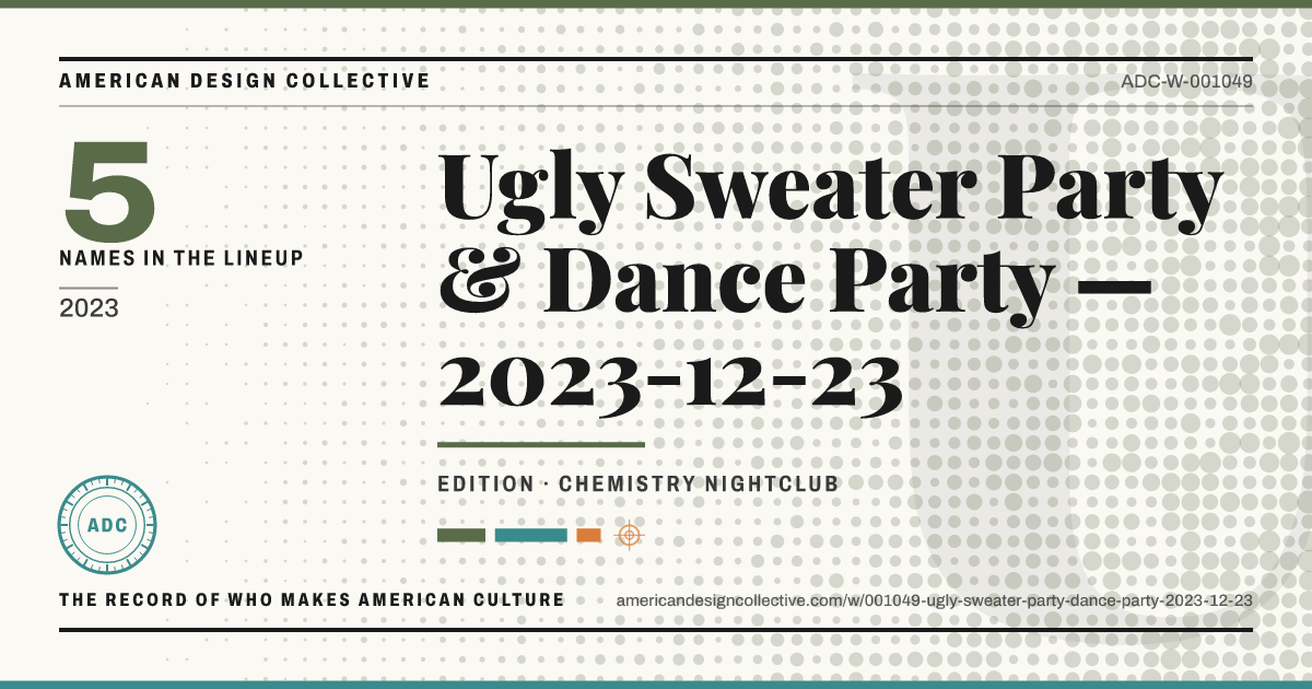 Registry card for Ugly Sweater Party & Dance Party — 2023-12-23: the ADC seal, Ugly Sweater Party & Dance Party — 2023-12-23, and how much is on record.