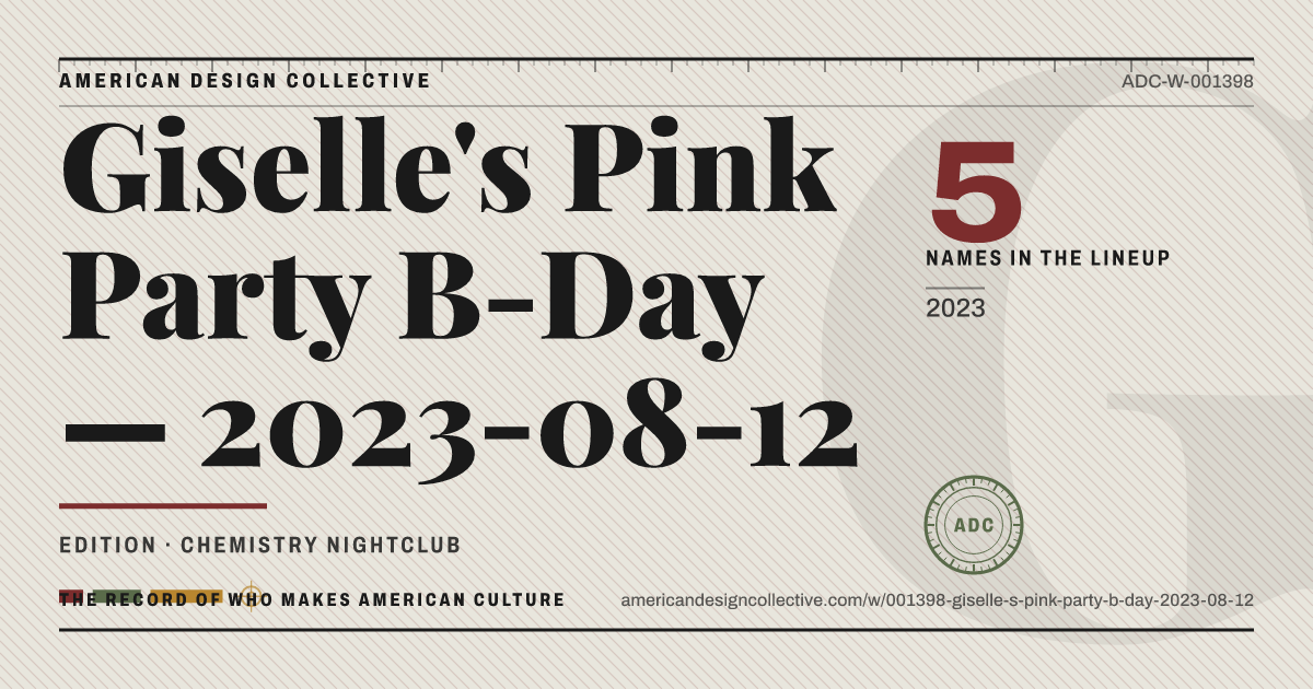 Registry card for Giselle's Pink Party B-Day — 2023-08-12: the ADC seal, Giselle's Pink Party B-Day — 2023-08-12, and how much is on record.