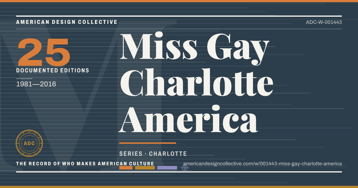 Registry card for Miss Gay Charlotte America: the ADC seal, Miss Gay Charlotte America, and how much is on record.