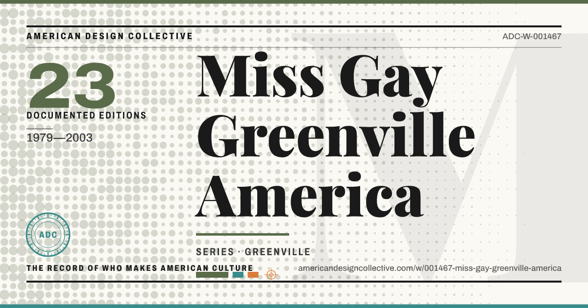 Registry card for Miss Gay Greenville America: the ADC seal, Miss Gay Greenville America, and how much is on record.