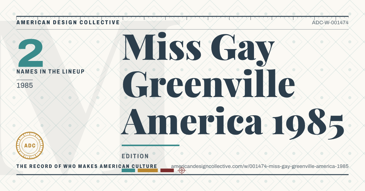 Registry card for Miss Gay Greenville America 1985: the ADC seal, Miss Gay Greenville America 1985, and how much is on record.