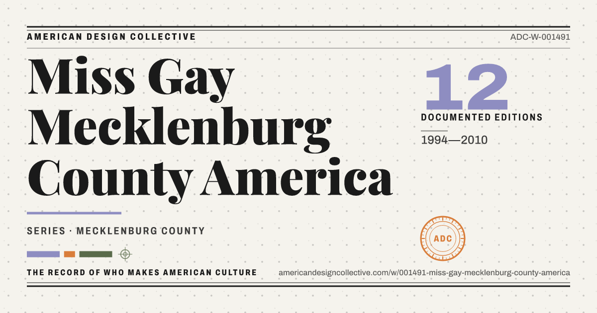 Registry card for Miss Gay Mecklenburg County America: the ADC seal, Miss Gay Mecklenburg County America, and how much is on record.