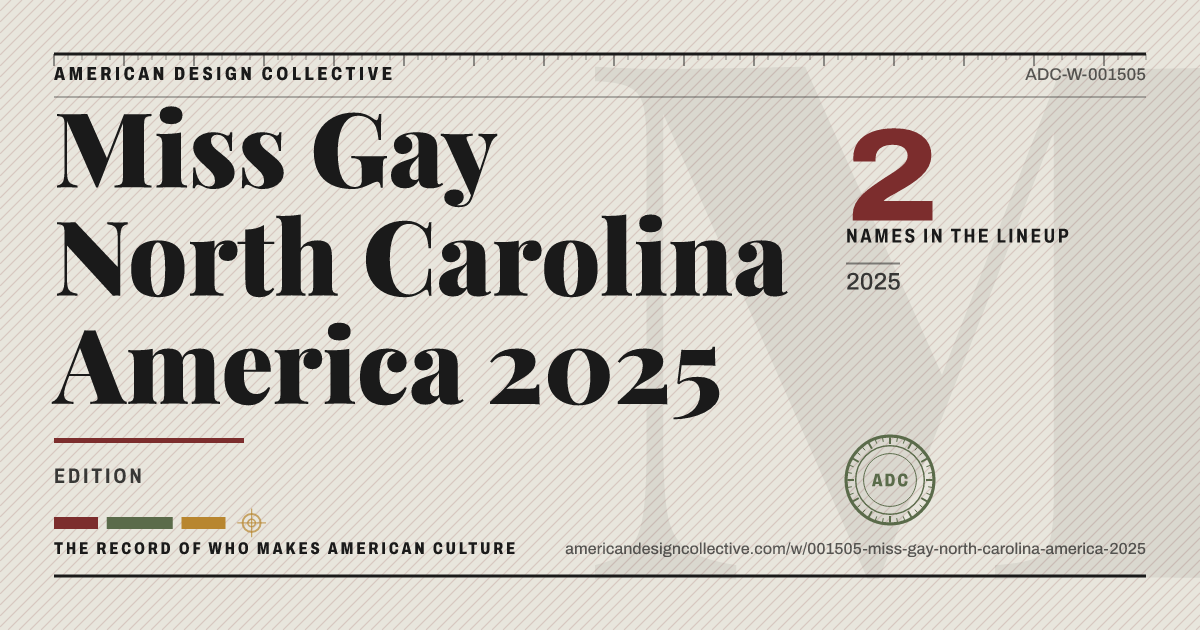 Registry card for Miss Gay North Carolina America 2025: the ADC seal, Miss Gay North Carolina America 2025, and how much is on record.