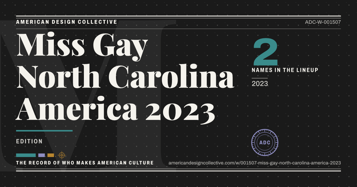 Registry card for Miss Gay North Carolina America 2023: the ADC seal, Miss Gay North Carolina America 2023, and how much is on record.