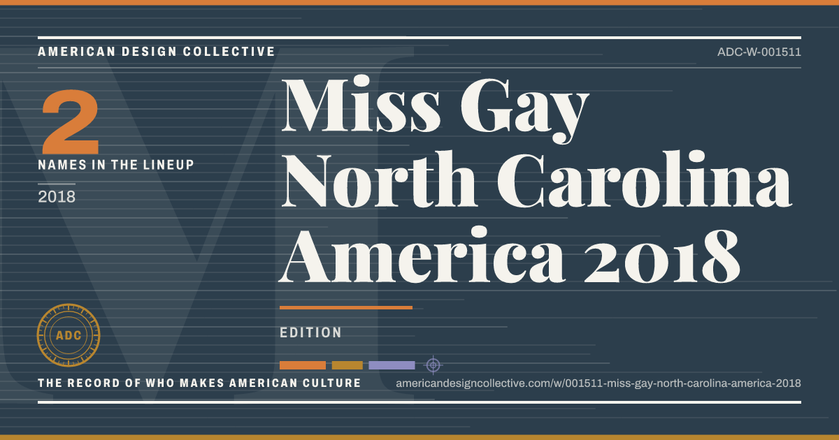 Registry card for Miss Gay North Carolina America 2018: the ADC seal, Miss Gay North Carolina America 2018, and how much is on record.