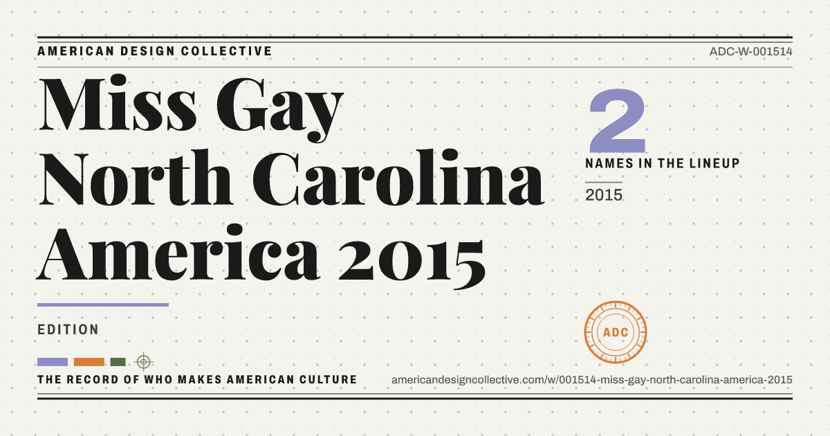 Registry card for Miss Gay North Carolina America 2015: the ADC seal, Miss Gay North Carolina America 2015, and how much is on record.