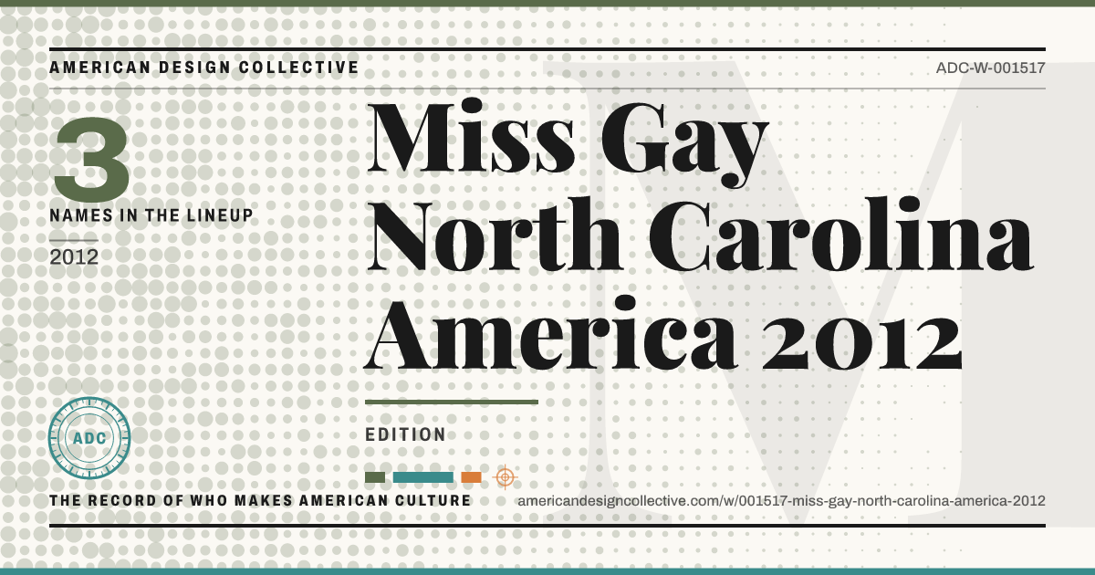 Registry card for Miss Gay North Carolina America 2012: the ADC seal, Miss Gay North Carolina America 2012, and how much is on record.
