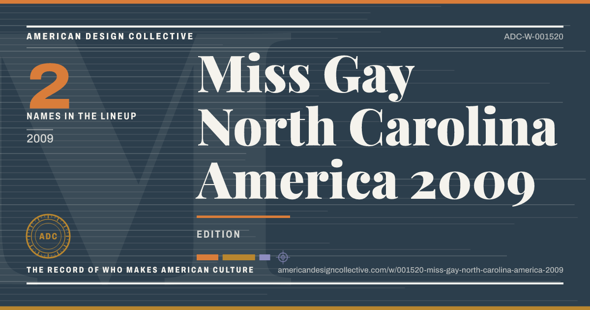 Registry card for Miss Gay North Carolina America 2009: the ADC seal, Miss Gay North Carolina America 2009, and how much is on record.