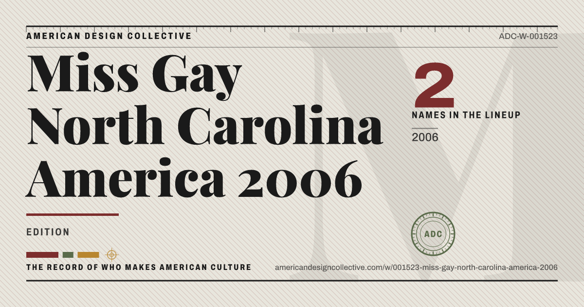 Registry card for Miss Gay North Carolina America 2006: the ADC seal, Miss Gay North Carolina America 2006, and how much is on record.