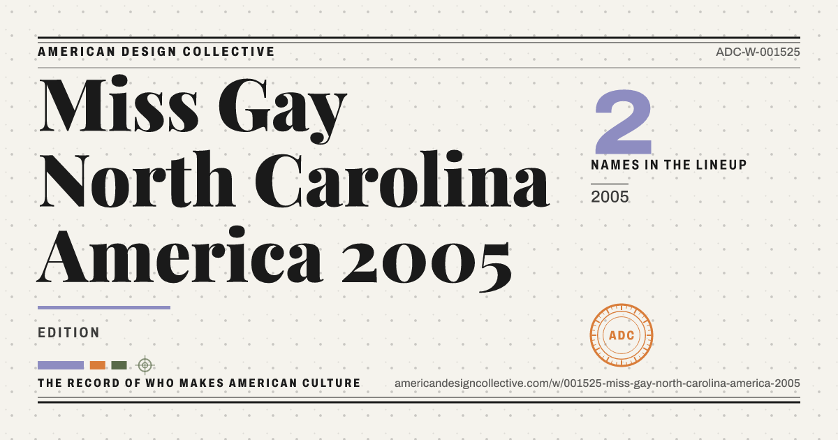 Registry card for Miss Gay North Carolina America 2005: the ADC seal, Miss Gay North Carolina America 2005, and how much is on record.