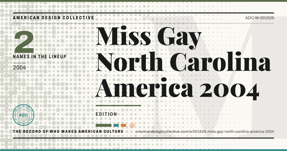 Registry card for Miss Gay North Carolina America 2004: the ADC seal, Miss Gay North Carolina America 2004, and how much is on record.