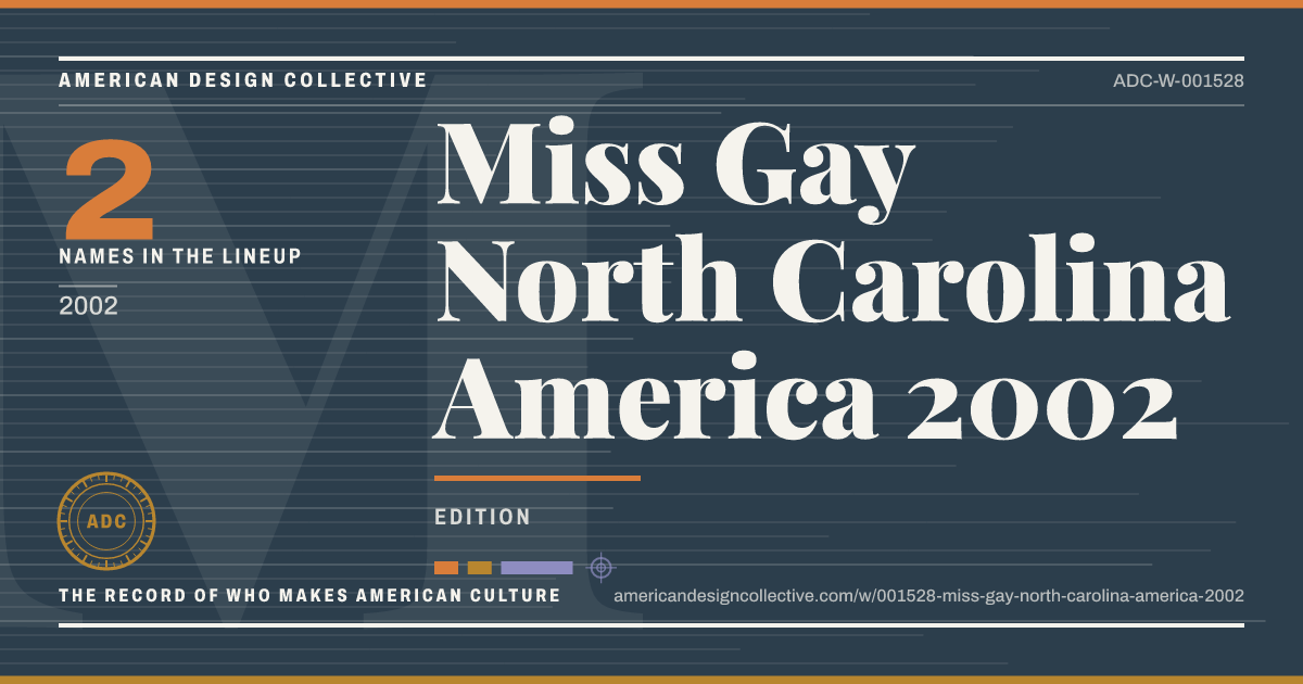 Registry card for Miss Gay North Carolina America 2002: the ADC seal, Miss Gay North Carolina America 2002, and how much is on record.