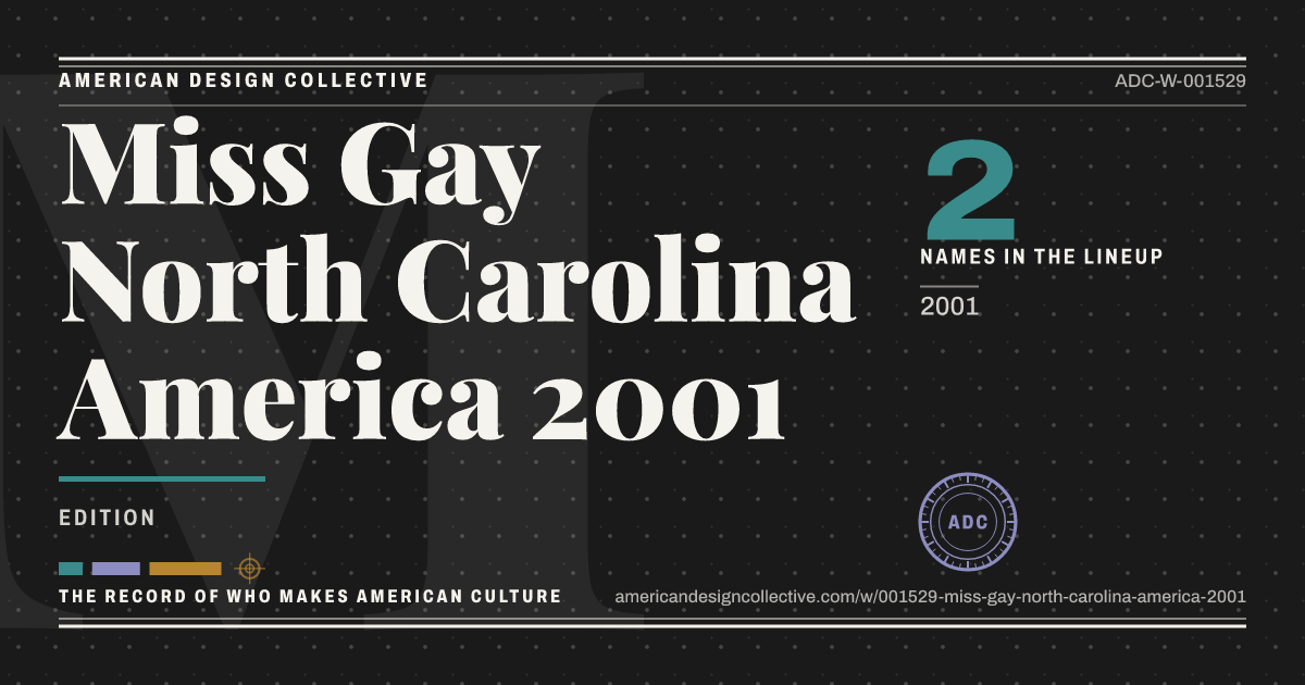 Registry card for Miss Gay North Carolina America 2001: the ADC seal, Miss Gay North Carolina America 2001, and how much is on record.