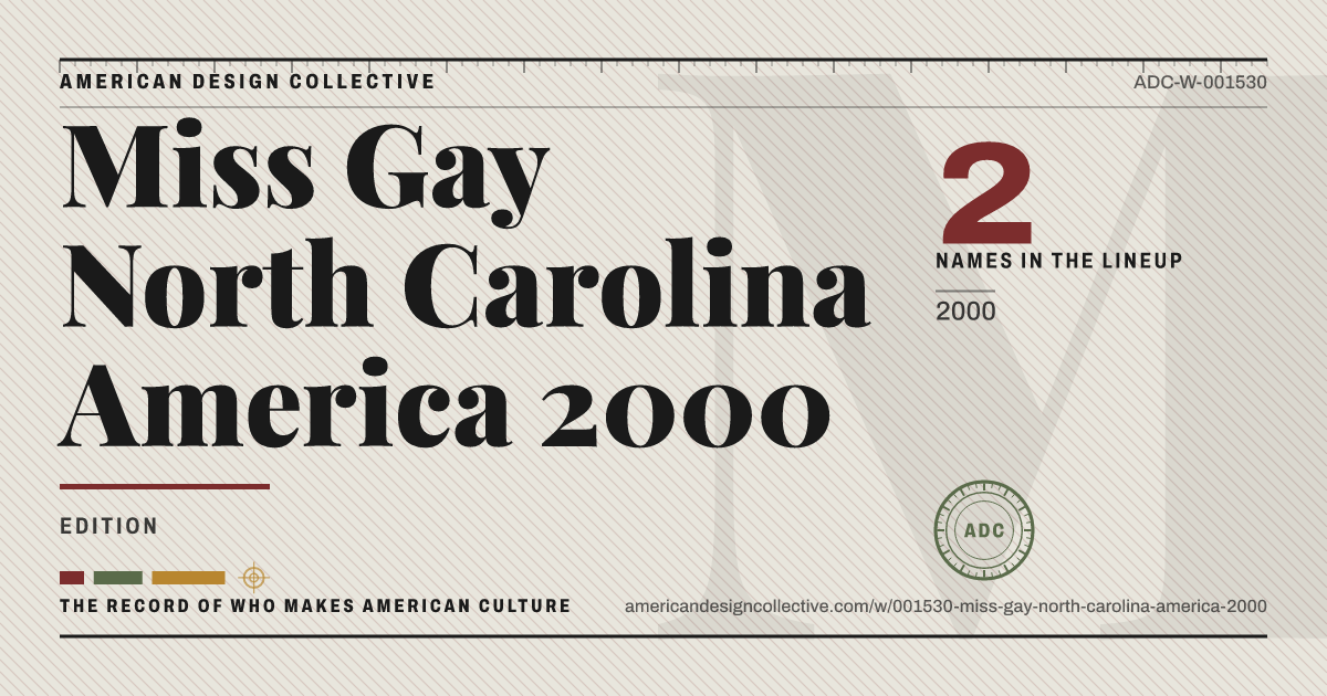 Registry card for Miss Gay North Carolina America 2000: the ADC seal, Miss Gay North Carolina America 2000, and how much is on record.