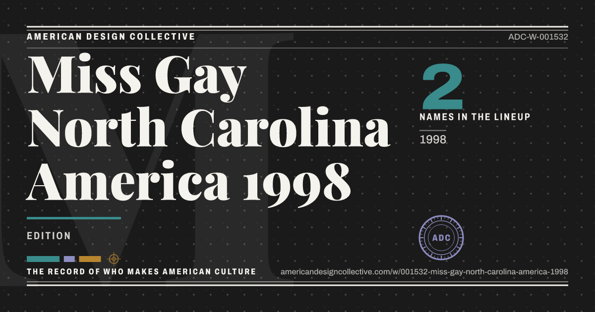 Registry card for Miss Gay North Carolina America 1998: the ADC seal, Miss Gay North Carolina America 1998, and how much is on record.