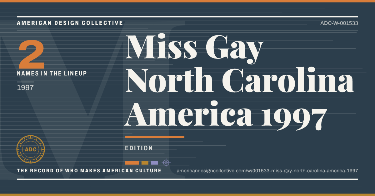 Registry card for Miss Gay North Carolina America 1997: the ADC seal, Miss Gay North Carolina America 1997, and how much is on record.