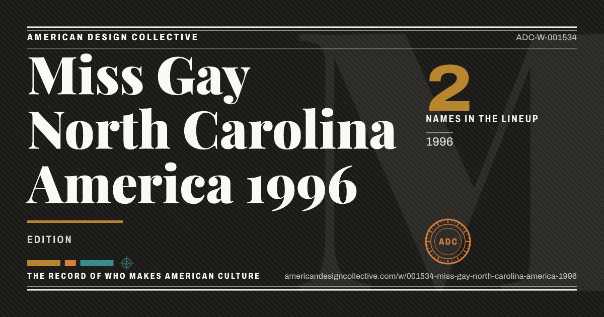 Registry card for Miss Gay North Carolina America 1996: the ADC seal, Miss Gay North Carolina America 1996, and how much is on record.