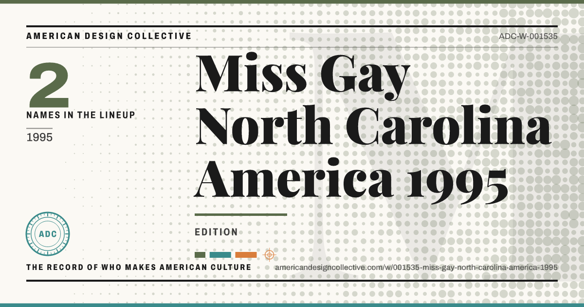 Registry card for Miss Gay North Carolina America 1995: the ADC seal, Miss Gay North Carolina America 1995, and how much is on record.