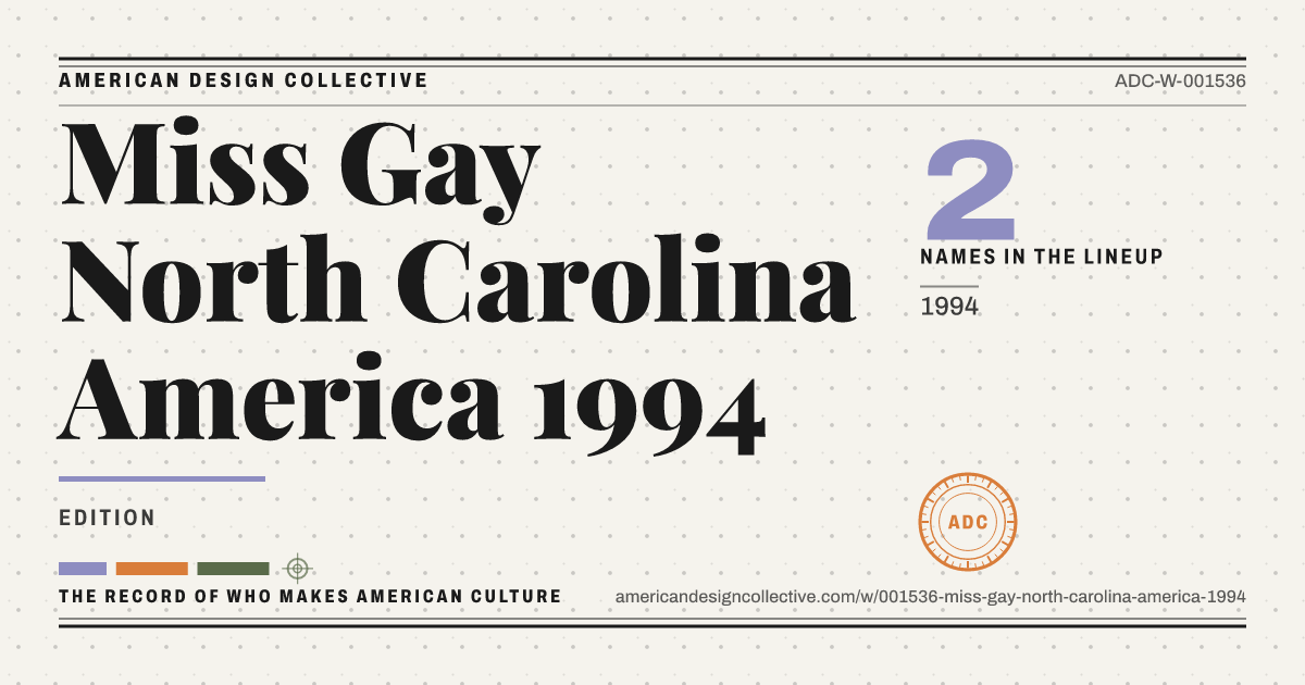 Registry card for Miss Gay North Carolina America 1994: the ADC seal, Miss Gay North Carolina America 1994, and how much is on record.