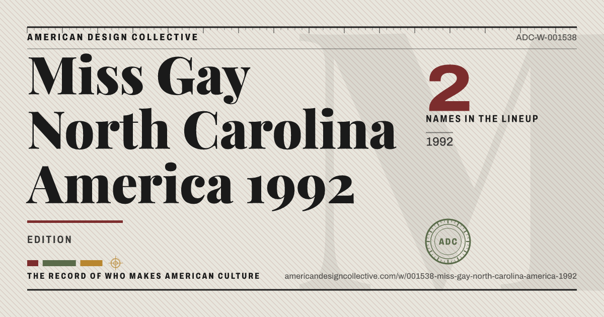 Registry card for Miss Gay North Carolina America 1992: the ADC seal, Miss Gay North Carolina America 1992, and how much is on record.