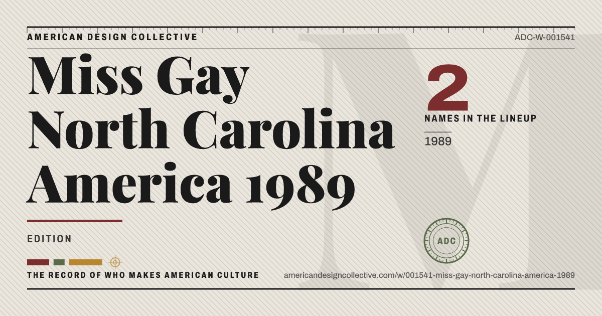Registry card for Miss Gay North Carolina America 1989: the ADC seal, Miss Gay North Carolina America 1989, and how much is on record.